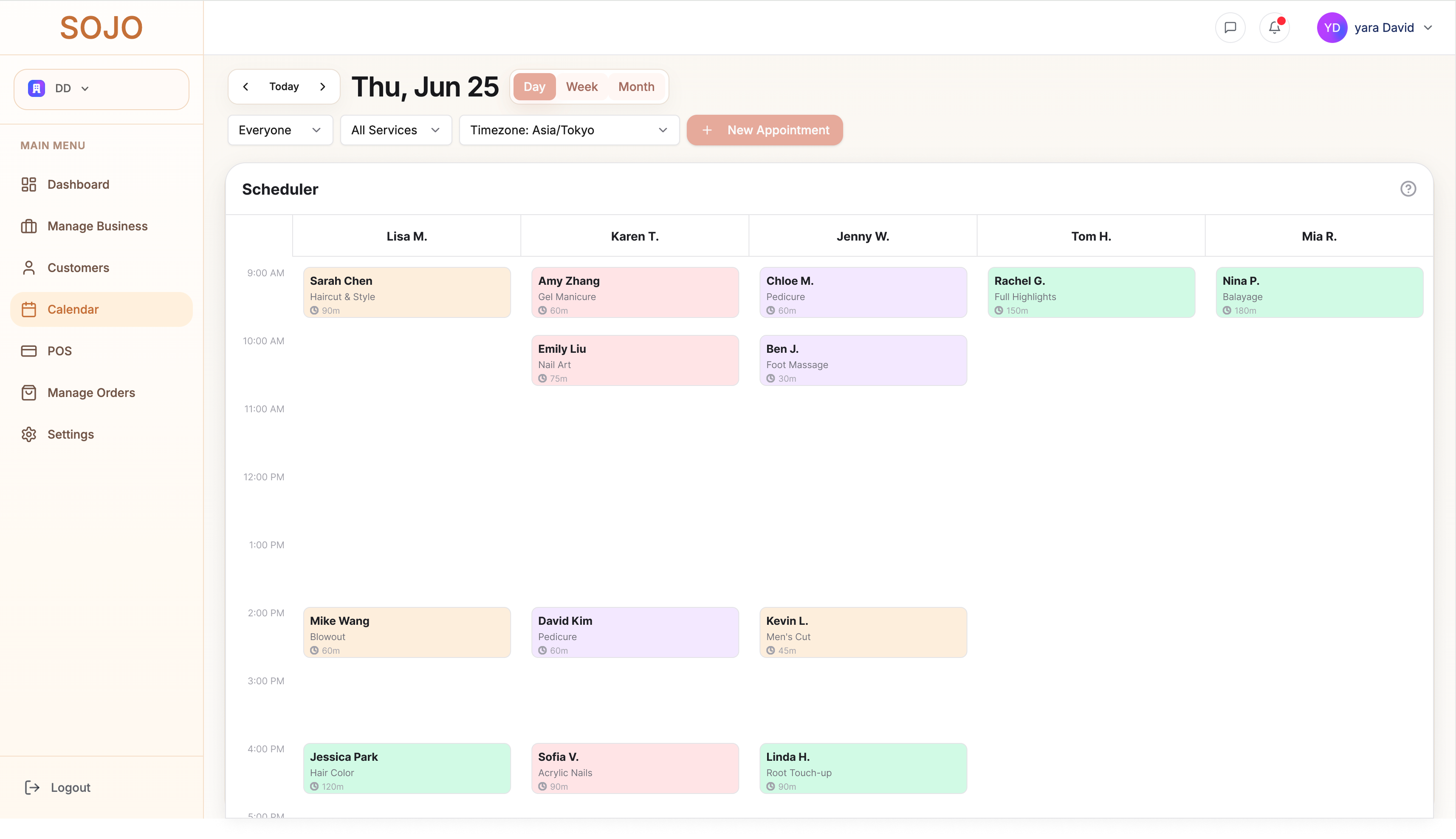 SOJO reservation calendar dashboard